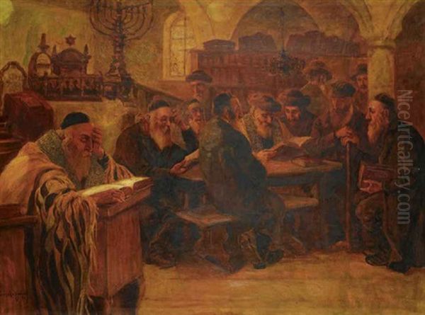 Studying In Synagogue Oil Painting by Jose Schneider