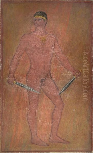 Krieger Mit Zwei Schwertern, Verso: Stehender Athlet Mit Stab In Beiden Handen Oil Painting by Sascha Schneider