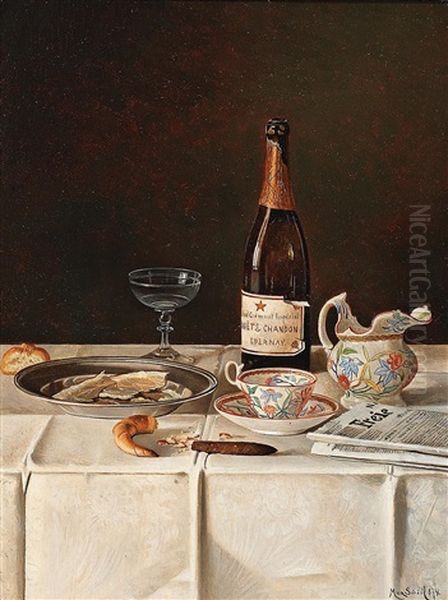 Stillleben Mit Champagner Und Tageszeitung Oil Painting by Max Schoedl