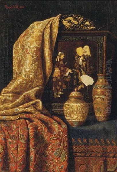 A Chinese Jar And Vase, A Painting And Fabric On A Tabletop Oil Painting by Max Schoedl
