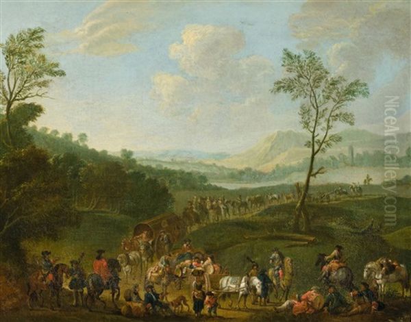 Marketenderzug In Einer Baumbestandenen Flusslandschaft Oil Painting by Mathys Schoevaerdts