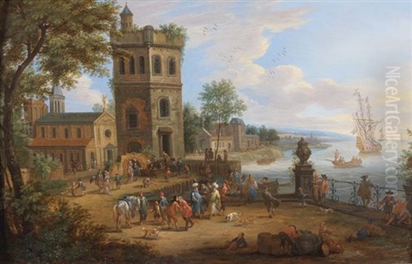 Commercants Orientaux Dans Un Port Mediterraneen Oil Painting by Mathys Schoevaerdts