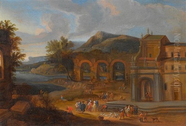 Fischmarkt Auf Dem Platz Vor Der Kirche Einer Sudlichen Stadt Oil Painting by Mathys Schoevaerdts