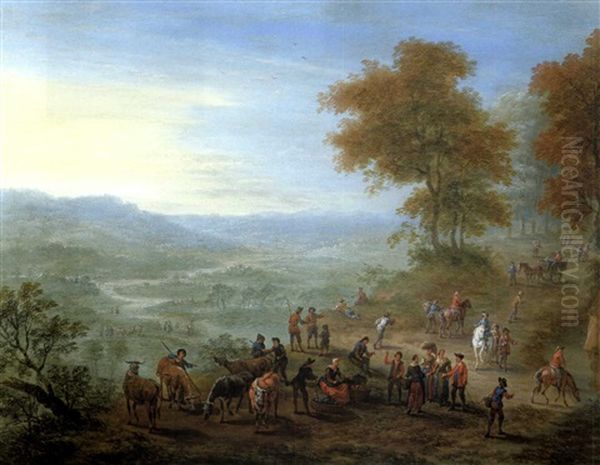 Paysage Anime De Scenes De Marche Oil Painting by Mathys Schoevaerdts