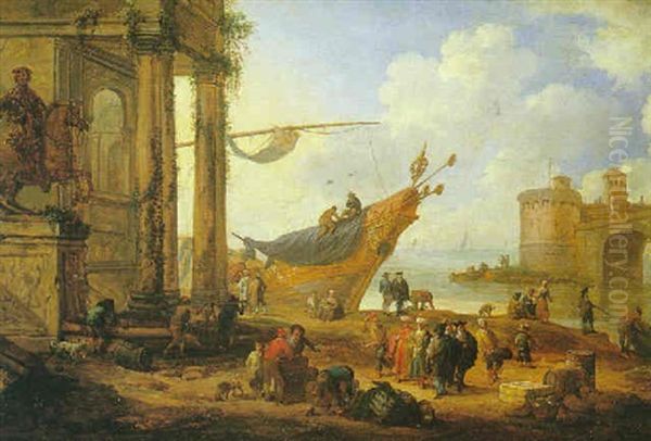 Ruines Antiques Pres D'un Rivage Anime De Marins Et De Marchands Turcs Oil Painting by Mathys Schoevaerdts