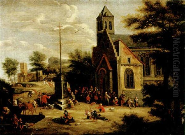 Bymiljo Med Rikt Figurstaffage Vid Kyrka Oil Painting by Mathys Schoevaerdts