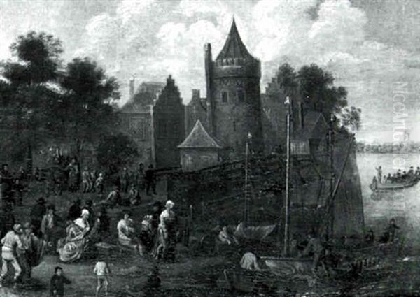 Fortresse Dominant Un Paysage De Riviere Anime De Nombreux Personnages Oil Painting by Mathys Schoevaerdts