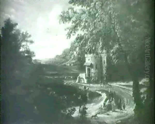 Paysage Forestier Avec Maison Fortifiee, Cours D'eau Et     Personnages Oil Painting by Mathys Schoevaerdts