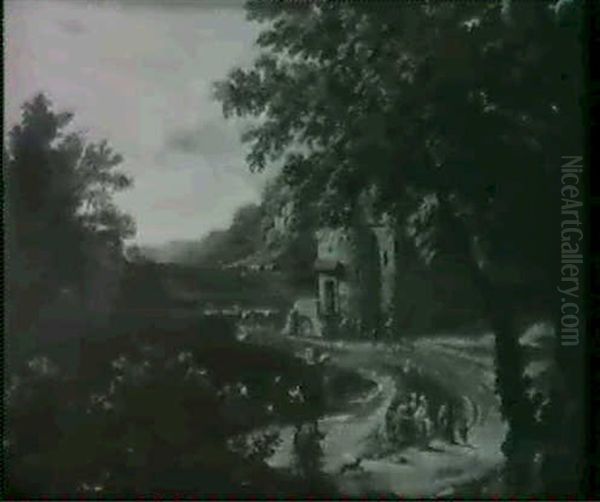 Paysage Forestier Avec Maison Fortifiee, Cours D'eau Et     Personnages Oil Painting by Mathys Schoevaerdts