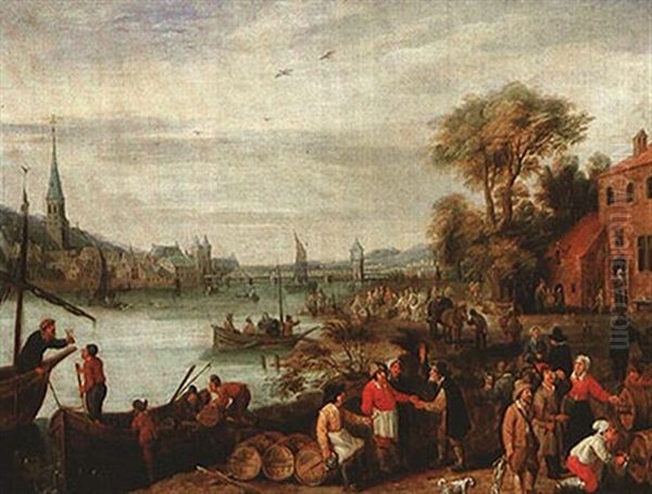 Peasants Unloading Wine Beside A River Oil Painting by Mathys Schoevaerdts