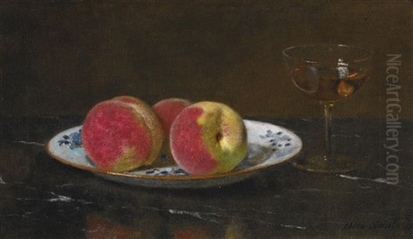 Still Life With Peaches And Glass Oil Painting by Otto Scholderer