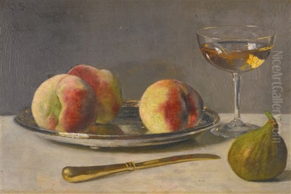 Still Life With Peaches And Fig Oil Painting by Otto Scholderer