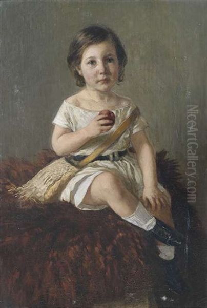 Bidlnis Eines Kleinen Madchens Mit Apfel Auf Einer Wolldecke Sitzend Als Ganzfigur Oil Painting by Otto Scholderer