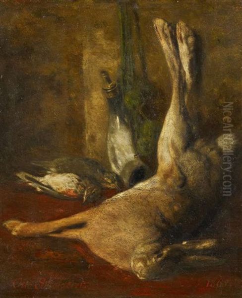 Jagstillleben Mit Hasen Und Singvogeln Oil Painting by Otto Scholderer