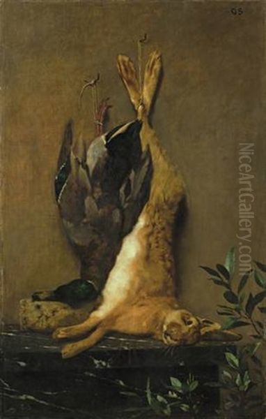 Jagdstilleben Mit Aufgehangtem Hasen Und Einer Ente (pair) Oil Painting by Otto Scholderer