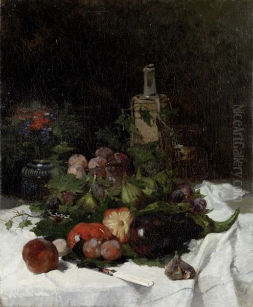 Stillleben Mit Fruchten, Weinflasche Und Blumen In Einer Vase Oil Painting by Otto Scholderer