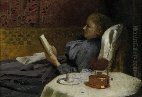 Bildnis Der Ehefrau Luise Scholderer, Lesend Auf Der Ottomane Oil Painting by Otto Scholderer