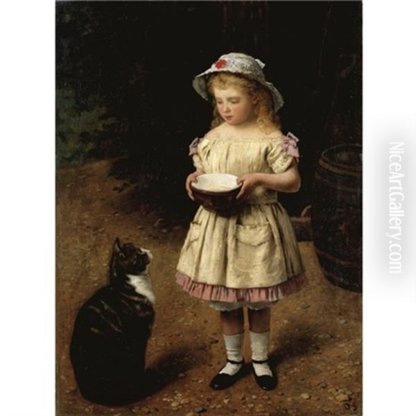 Kind Mit Katze (her Favourite Pet) Oil Painting by Otto Scholderer