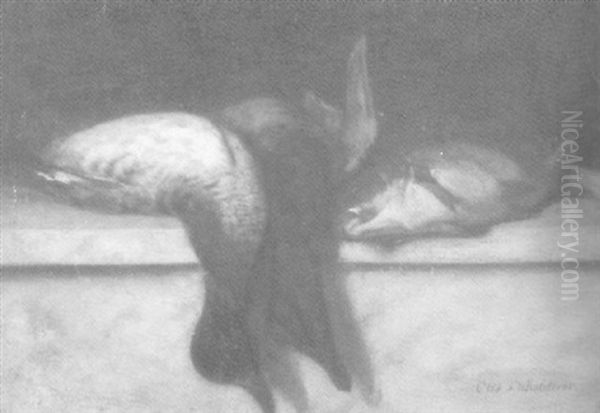 Stilleben Mit Fisch Und Enten Auf Einem Steinpodest Oil Painting by Otto Scholderer