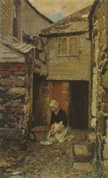 Hollandische Magd Beim Fischputzen Im Hof Ihres Hauses Oil Painting by Otto Scholderer
