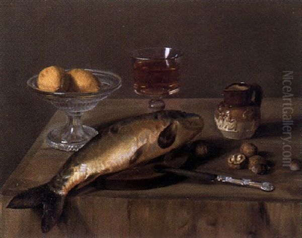 Stilleben Mit Zitronen Auf Einer Glasschale, Fisch, Walnussen Und Weinglas Oil Painting by Otto Scholderer