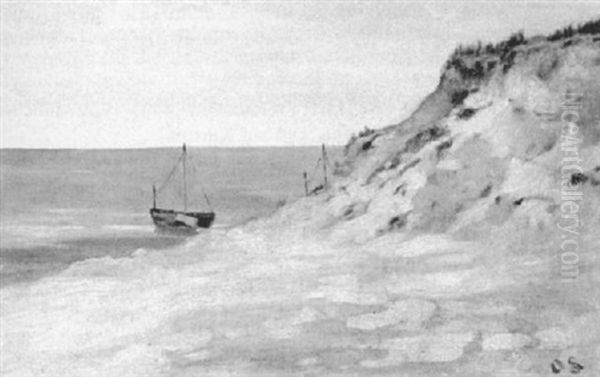 Kustenlandschaft Mit Fischerbooten Und Dune Oil Painting by Otto Scholderer