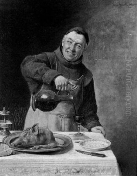 Monk Pouring Wine Oil Painting by Max Scholz