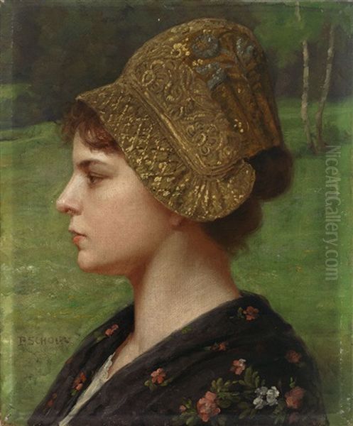 Goldhaubchen. Portrait Einer Jungen Frau Im Profil Von Links Mit Bestickter Haube Oil Painting by Paul Scholz