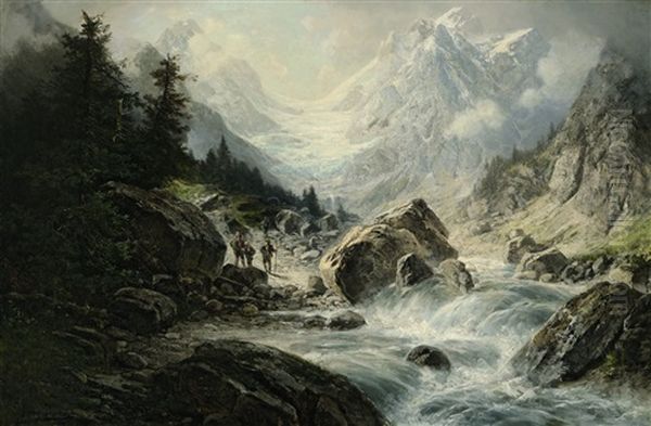 Wanderer Am Gebirgsbach Oil Painting by Alfred K.J.O. von Schoenberger