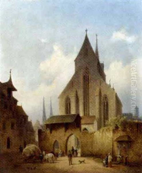 Figures Before A Gothic Church Oil Painting by Heinrich Schonfeld