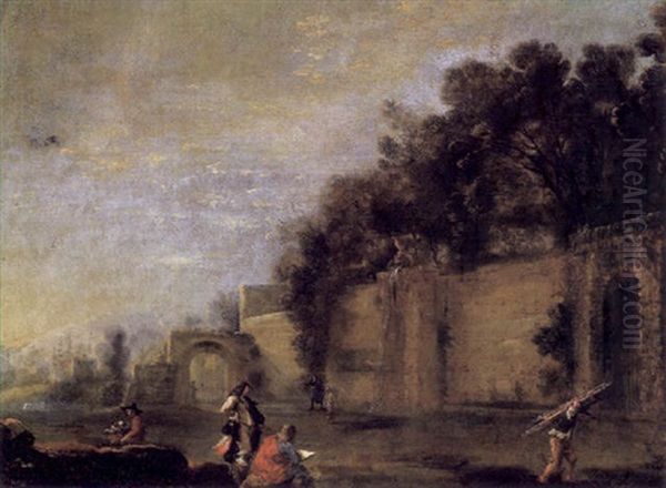 Maler Mit Einem Zuschauer Vor Der Mauer Eines Schlosparks Zeichend Oil Painting by Johann Heinrich Schoenfeldt