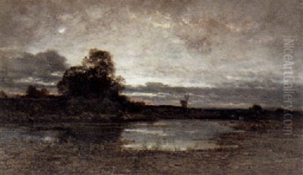 Evening River Landscape Oil Painting by Julius Schoenrock