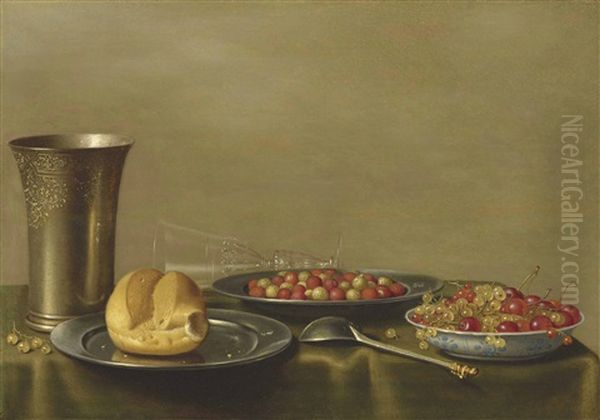 An Engraved Silver Beaker And Spoon, A Bread Roll And Berries On Pewter Plates And An Overturned Wine Glass On A Draped Table Oil Painting by Floris Gerritsz. van Schooten