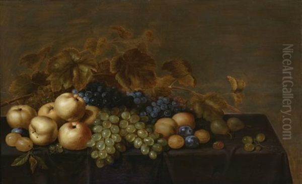 Still Life With Grapes, Plums And Other Fruit On A Table Oil Painting by Floris Gerritsz. van Schooten