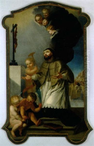 Der Heilige Nepomuk Mit Engeln, Im Hintergrund Die Moldau Mit Der Prager Burg Und Der Sturz Des Heiligen Von Der Brucke Oil Painting by Johann Baptist Ferdinand Schor