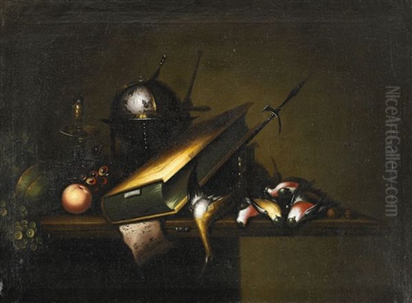 Vanitas Med Faglar, Bok, Glob, Timglas Och Ljusstake Oil Painting by Petrus Schotanus