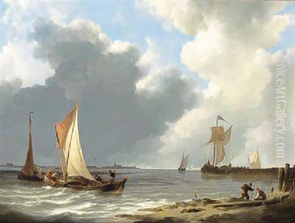 Sailing Vessels In An Estuary Oil Painting by Johannes Christiaan Schotel