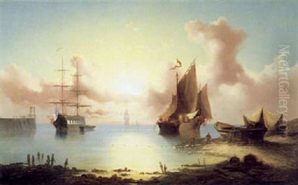 Kustenlandschaft Mit Ankernden Schiffen Auf Ruhiger See Oil Painting by Johannes Christiaan Schotel