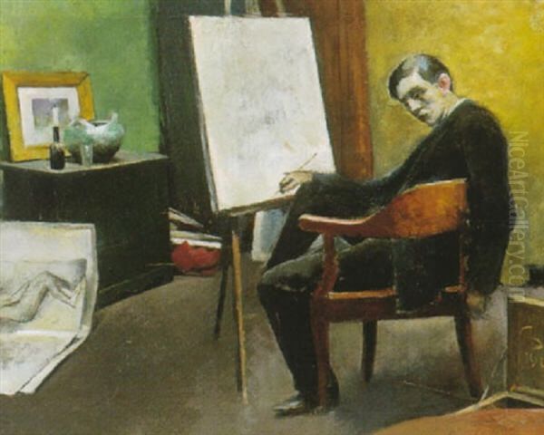 Portraet Af En Siddende Kunstmaler Ved Sit Staffeli Oil Painting by Peter Alfred Schou