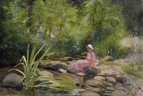 Junge Frau Am Waldbach Sitzend Oil Painting by Peter Johan Schou