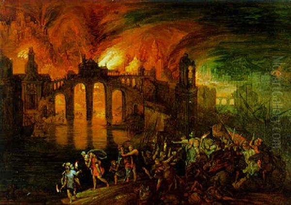 Aeneas Tragt Seinen Vater Aus Dem Brennenden Troja Oil Painting by Pieter Schoubroeck