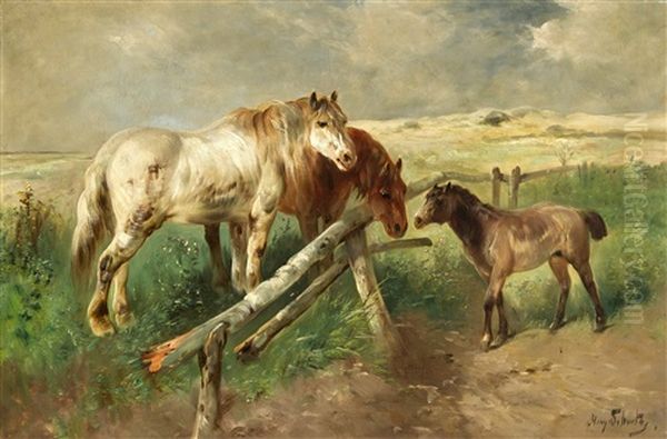 Landschaft Mit Pferden Am Gatter Oil Painting by Henry Schouten