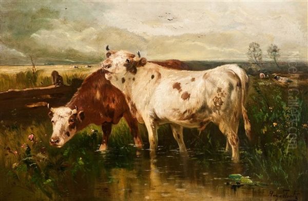 Polderlandschap Met Vee Bij De Drinkplaats Oil Painting by Henry Schouten