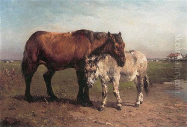 Heste Pa Engen Oil Painting by Henry Schouten