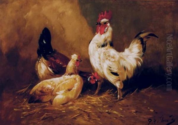Rooster And Hens Oil Painting by Paul Schouten