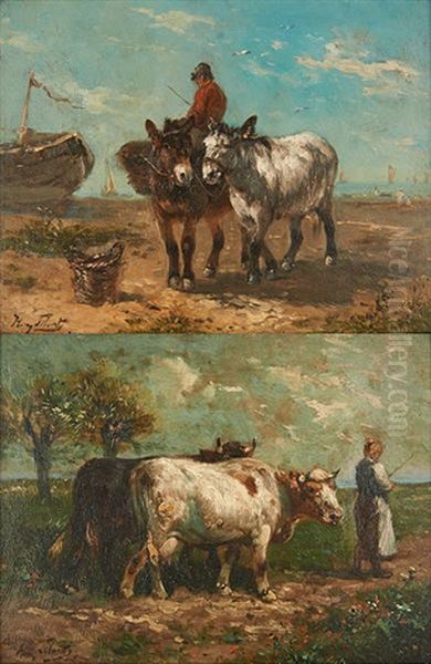 Deux Anes A La Peche & Vaches Et Jeune Femme (2 Works) Oil Painting by Henry Schouten