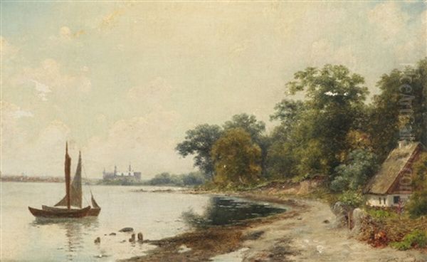Danish Coastal Scene, In The Background Kronborg Castle Oil Painting by Axel Thorsen Schovelin