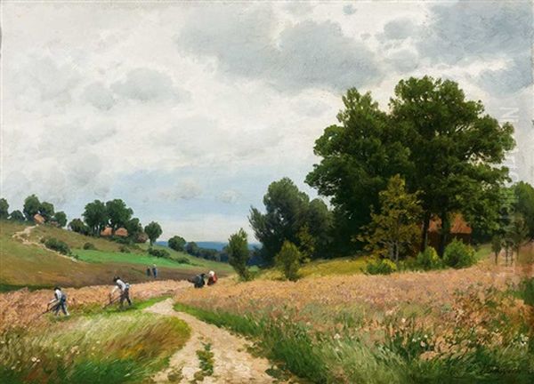 Erntelandschaft An Einem Prachtvollen Sommertag Mit Landarbeitern Bei Der Getreideernte Oil Painting by Josef Schoyerer