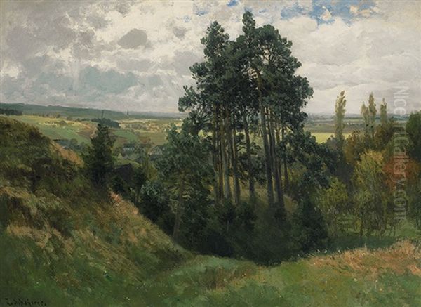 Sommerliche Landschaft Mit Stadtsilhouette Bei Abziehendem Gewitter Oil Painting by Josef Schoyerer