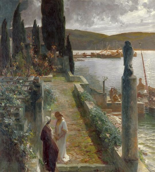 Antiker Hafen Mit Zwei Frauen In Tunikas Oil Painting by Alois Hans Schram